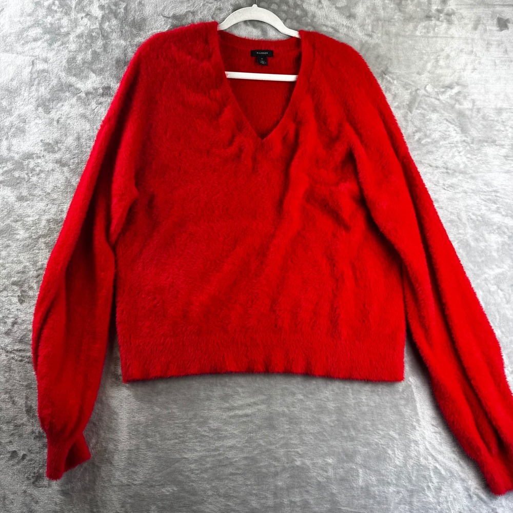Halogen Fuzzy Eyelash Knit Sweater Women XL Red V-Neck Long Sleeve (1732)